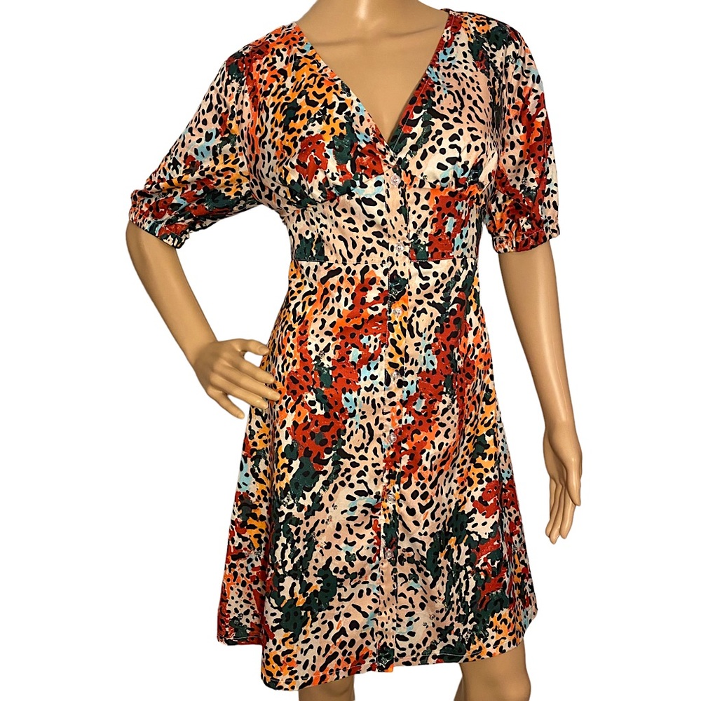 COLORFUL LEOPARD PRINT BUTTON DOWN FLARE DRESS  SZ S